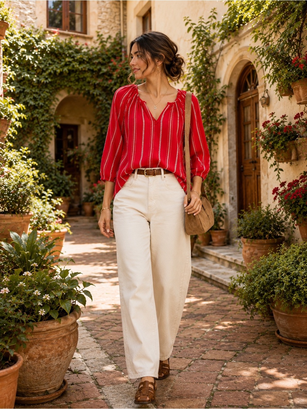Kensie Red Ivory Embroidered Stripe Split Neck Peasant Blouse | Boho Inspired